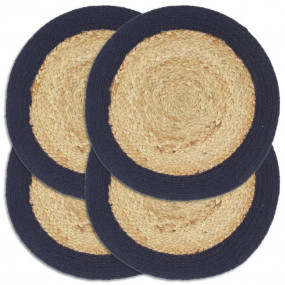 Placemat Set of 4 Natural and Navy Blue Jute, Cotton Me...
