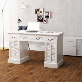 Double Pedestal Desk White MDF and Pine Wood Medium Com...