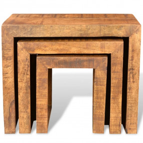 Side Table Set of 3 Brown Solid Mango Wood Small Stacka...