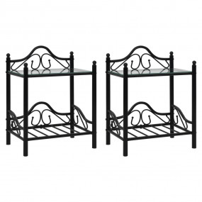 Bedside Table Set of 2 Black Steel and tempered glass