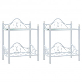Bedside Table Set of 2 White Steel and Tempered Glass