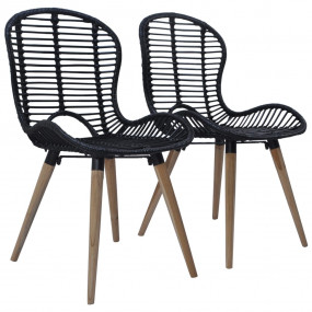 Dining Chair Set of 2 Black Natural rattan, Wooden legs