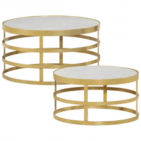 Coffee Table Set of 2 Brass and White Marble, Steel Sma...