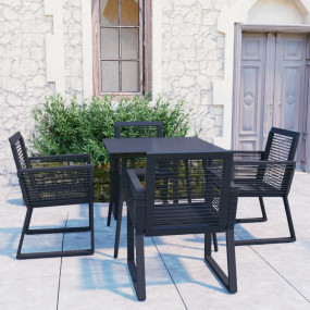 Dining Set Black PVC rattan, powder-coated steel, glass...