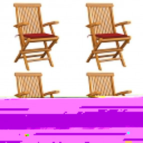 Garden Chair Set of 4 Sanded Teak Wood, Red Foldable Ga...