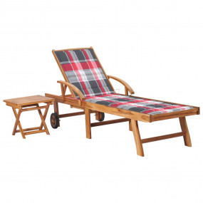 Patio Sun Lounger Natural Teak, Red Check Teak wood, Po...