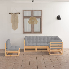 Garden Lounge Set Grey Cushions, Natural Pinewood