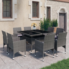 Dining Set Grey Poly rattan, tempered glass, powder-coa...