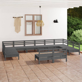 Garden Lounge Set Grey Solid pine wood Large Modular