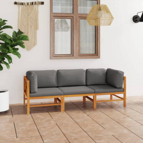3-seater Garden Sofa Grey Teak Wood, 100% Polyester Lar...