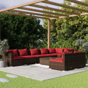 Garden Lounge Set Brown with Cinnamon Red Cushions
