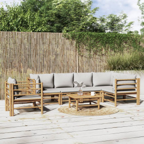 Garden Lounge Set Natural bamboo, Light grey cushions