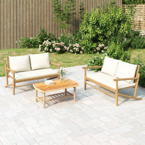 Garden Lounge Set Cream White Bamboo, Fabric (100% poly...