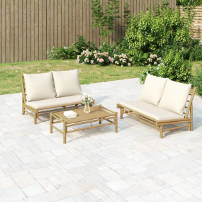 Garden Lounge Set Cream White, Natural Bamboo, Polyeste...