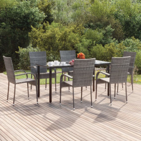 Garden Dining Set Grey PE rattan, powder-coated steel, ...