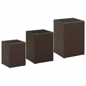 Side Table Set of 3 Brown Poly rattan, glass, metal