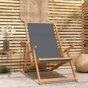 Beach Chair Grey Solid Teak Wood, Polyester Standard Fo...