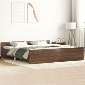 Bed Frame Brown Oak Engineered Wood, Solid Pinewood, Pl...