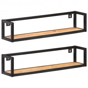 Wall Shelf Set of 2 Black and Natural Wood Solid Acacia...