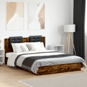 Bed Frame Smoked oak, Black Engineered wood, Faux leath...
