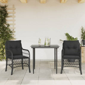 Bistro Set Black PE rattan, Powder-coated steel, Temper...