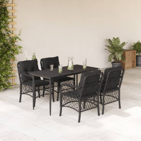 Garden Dining Set Black Poly Rattan, Tempered Glass, St...