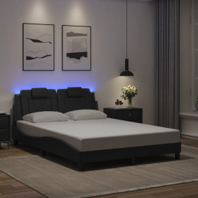 Bed Frame Black Faux leather, metal, solid pine wood, p...