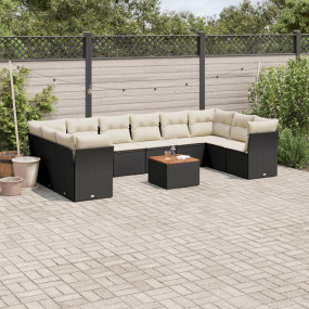 Garden Sofa Set Black and Cream PE Rattan and Solid Aca...
