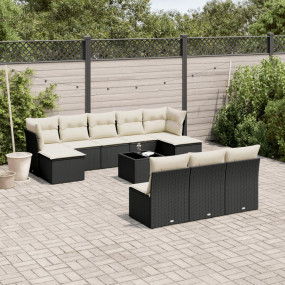 Garden Sofa Set Black Rattan, Cream White Cushions