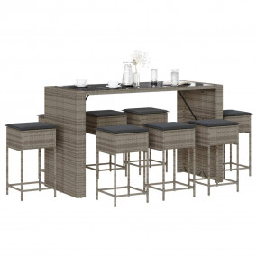 Garden Bar Set Grey PE Rattan 9 Piece Removable Covers