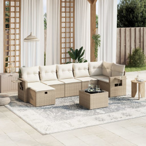 Garden Sofa Set Beige Poly Rattan, Tempered Glass Large