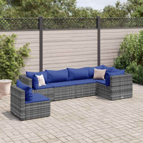 Patio Lounge Set Grey Rattan, Dark Blue Cushions