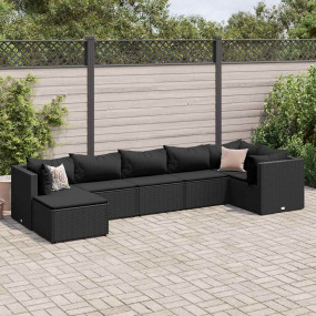 Patio Lounge Set Black PE Rattan, Powder-Coated Steel 7...