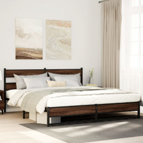 Bed Frame Brown Oak Steel, Engineered wood Super King B...