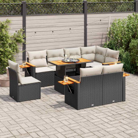 Garden Sofa Set Black Poly Rattan, Acacia Wood, Powder-...