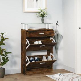 Shoe Cabinet Smoked Oak Engineered Wood, Tempered Glass...