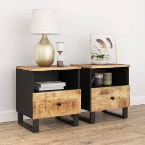 Bedside Cabinet Set of 2 Natural Mango Wood and Black