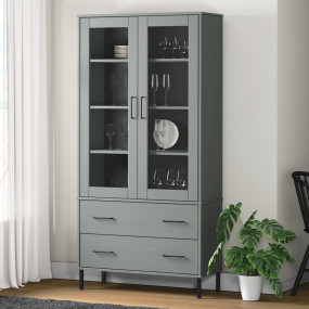 Bookcase Grey Solid pine wood, glass, metal Tall Bookca...