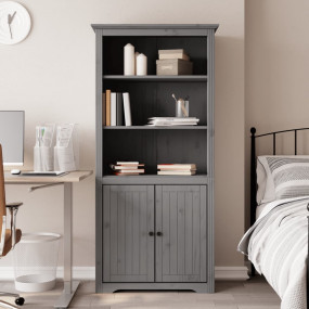 Bookcase Grey Solid Pine Wood, Engineered Wood, Metal T...