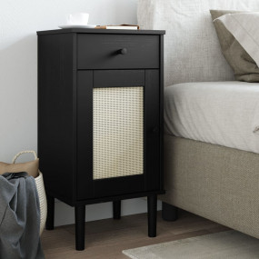 Bedside Cabinet Black Solid pine wood, Poly rattan 31.5...