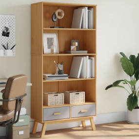 Bookcase Grey and Brown Solid Pine Wood, Engineered Woo...