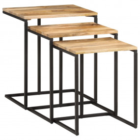Nesting Table Set of 3 Natural wood with black metal
