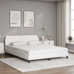Bed Frame White Faux leather, metal, solid pine wood, p...