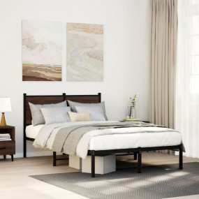 Bed Frame Brown Oak Steel, Engineered Wood Full Bed Fra...