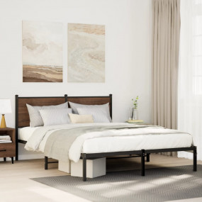 Bed Frame Brown Oak Steel, Engineered Wood Double Bed F...