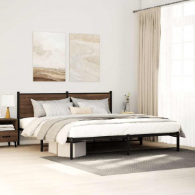 Bed Frame Brown Oak Steel, Engineered Wood Full Bed Fra...