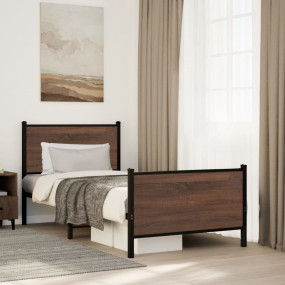 Bed Frame Brown Oak Steel, Engineered Wood Twin Bed Fra...