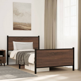 Bed Frame Brown Oak Steel, Engineered Wood Single Bed F...