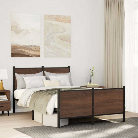 Bed Frame Brown Oak Steel, Engineered Wood Double Bed F...