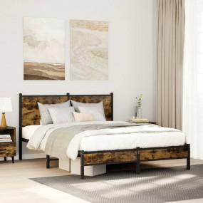 Bed Frame Smoked Oak Steel, Engineered Wood Full Bed Fr...